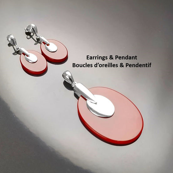 Red Agate Earrings, Sterling Silver, Geometric Ovale Shape, Flat Stone, Earrings Pendant Set for Fashion Look in RED. Red Agate Birthstone.