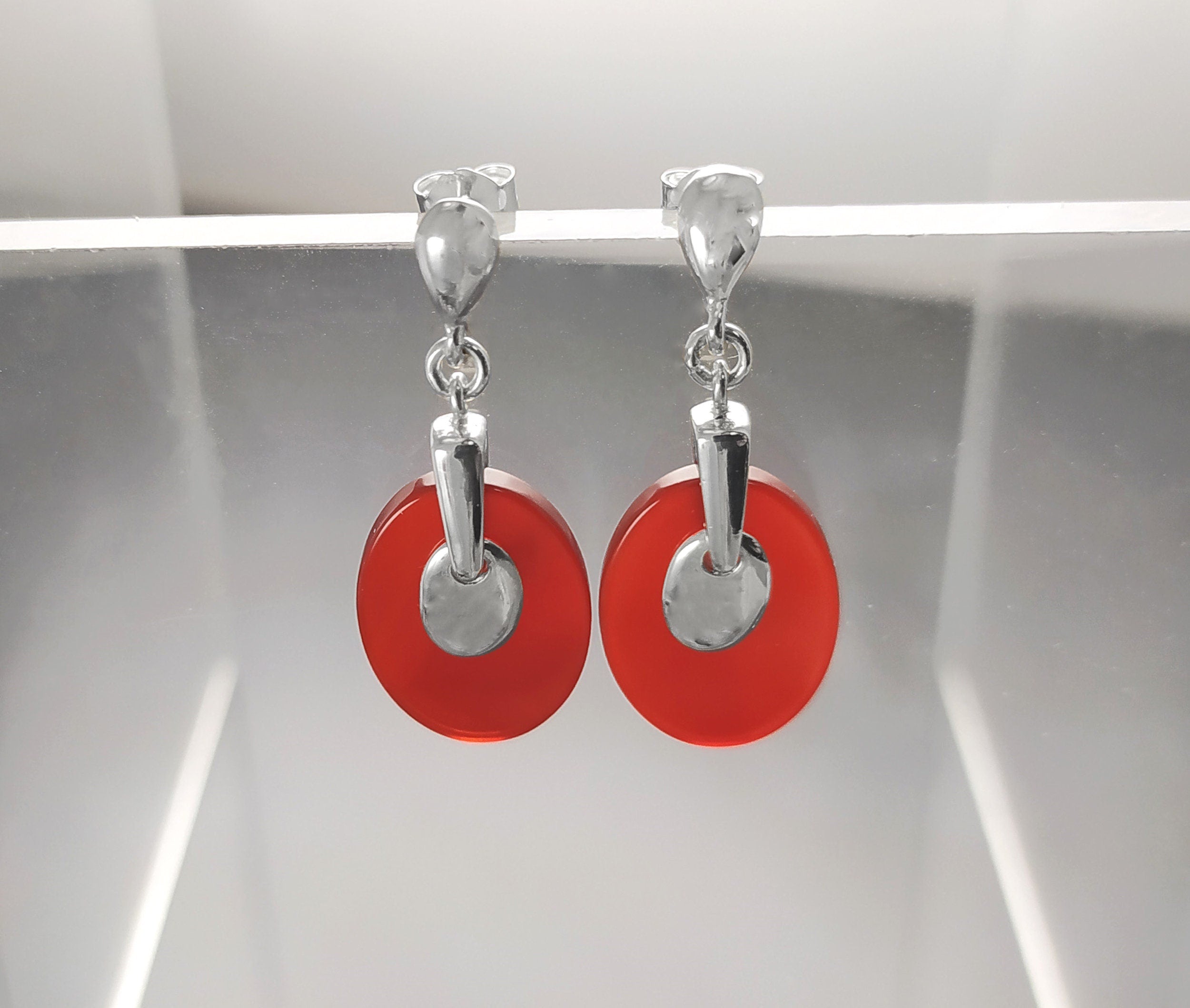 Carnelian square Earrings, Sterling Silver, Geometric Red Square Stone Earrings, Red Flat Gemstone, Modern Minimalist Jewelry, Woman gift