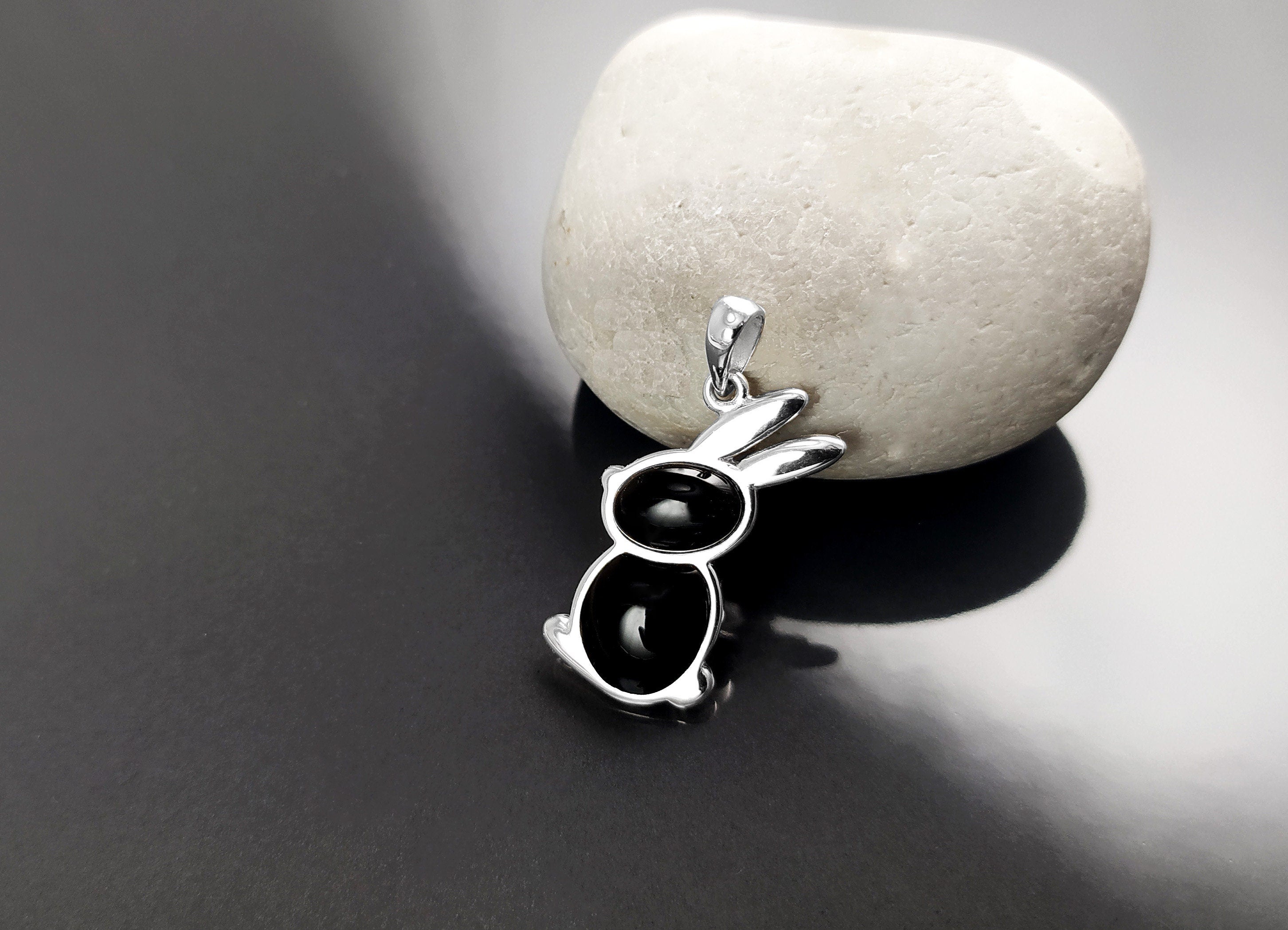 Rabbit Pendant, Sterling Silver, Black Onyx Stone Bunny Charm, Minimalist Necklace