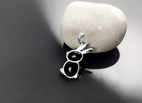 Rabbit Pendant, Sterling Silver, Black Onyx Stone Bunny Charm, Minimalist Necklace