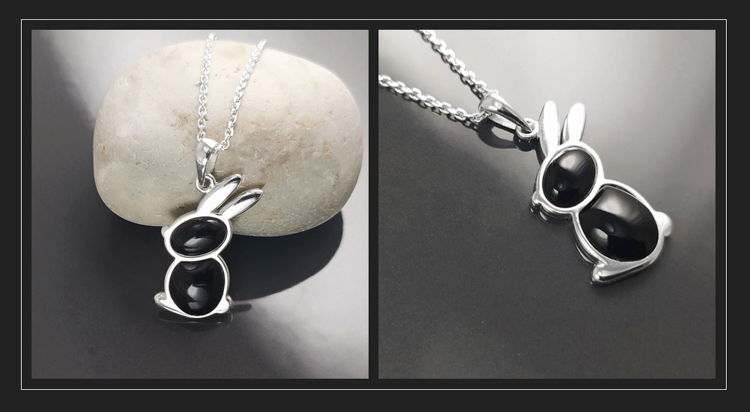 Rabbit Pendant, Sterling Silver, Black Onyx Stone Bunny Charm, Minimalist Necklace