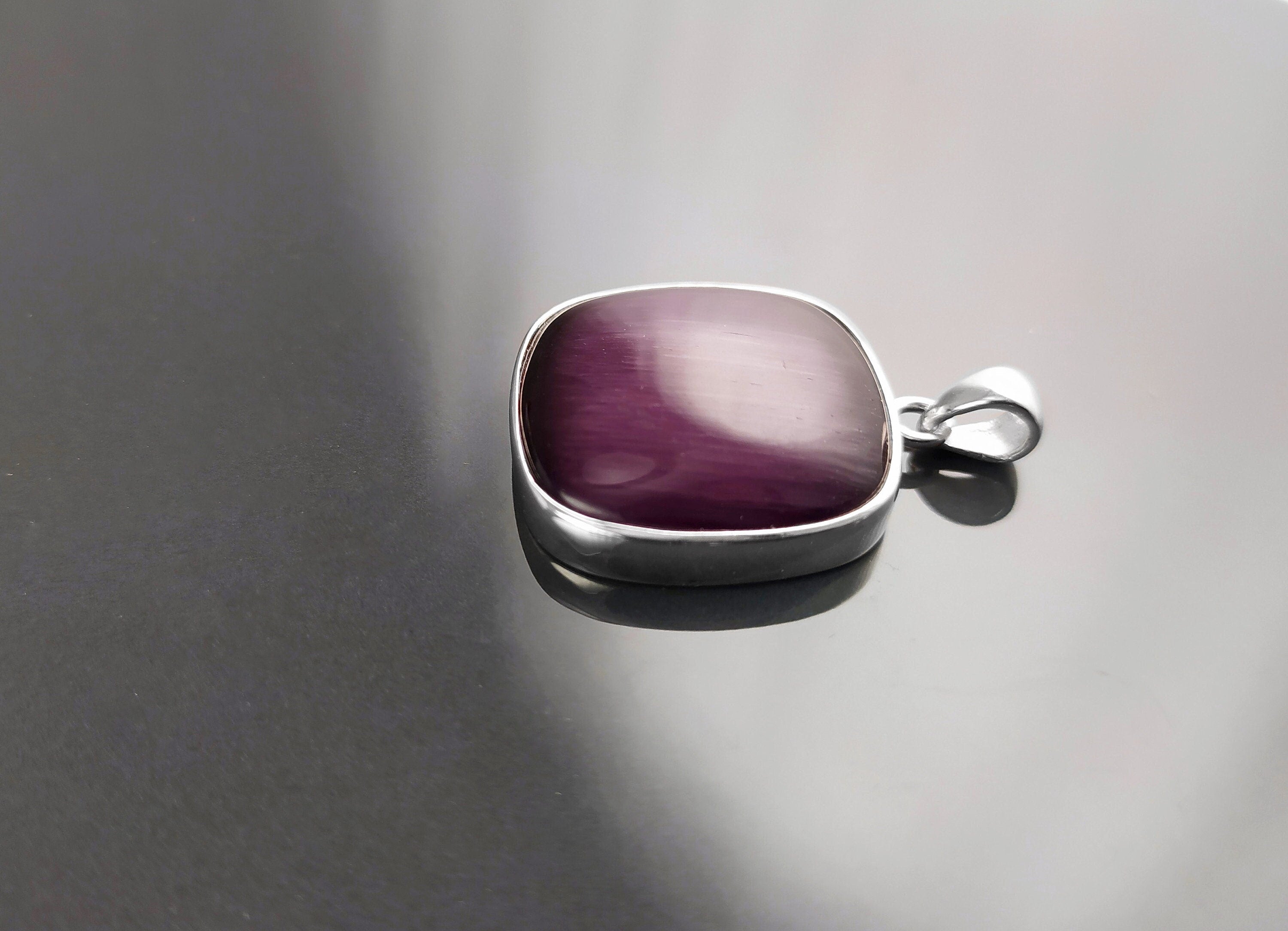 Purple Stone Sterling Pendant, Sterling Silver, Cat's Eyes Gemstone, Geometric Minimalist Design Round Jewelry, Statement Violet Necklace