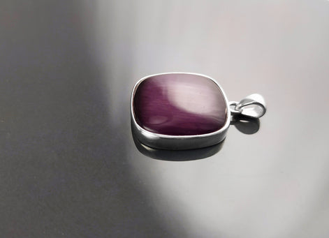 Purple Stone Sterling Pendant, Sterling Silver, Cat's Eyes Gemstone, Geometric Minimalist Design Round Jewelry, Statement Violet Necklace