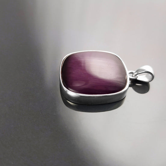 Purple Stone Sterling Pendant, Sterling Silver, Cat's Eyes Gemstone, Geometric Minimalist Design Round Jewelry, Statement Violet Necklace