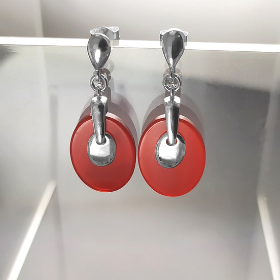 Red Agate Earrings, Sterling Silver, Geometric Ovale Shape, Flat Stone, Earrings Pendant Set for Fashion Look in RED. Red Agate Birthstone.