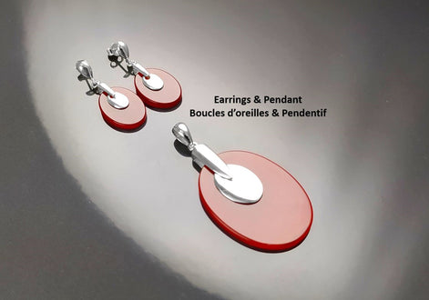Red Agate Earrings, Sterling Silver, Geometric Ovale Shape, Flat Stone, Earrings Pendant Set for Fashion Look in RED. Red Agate Birthstone.