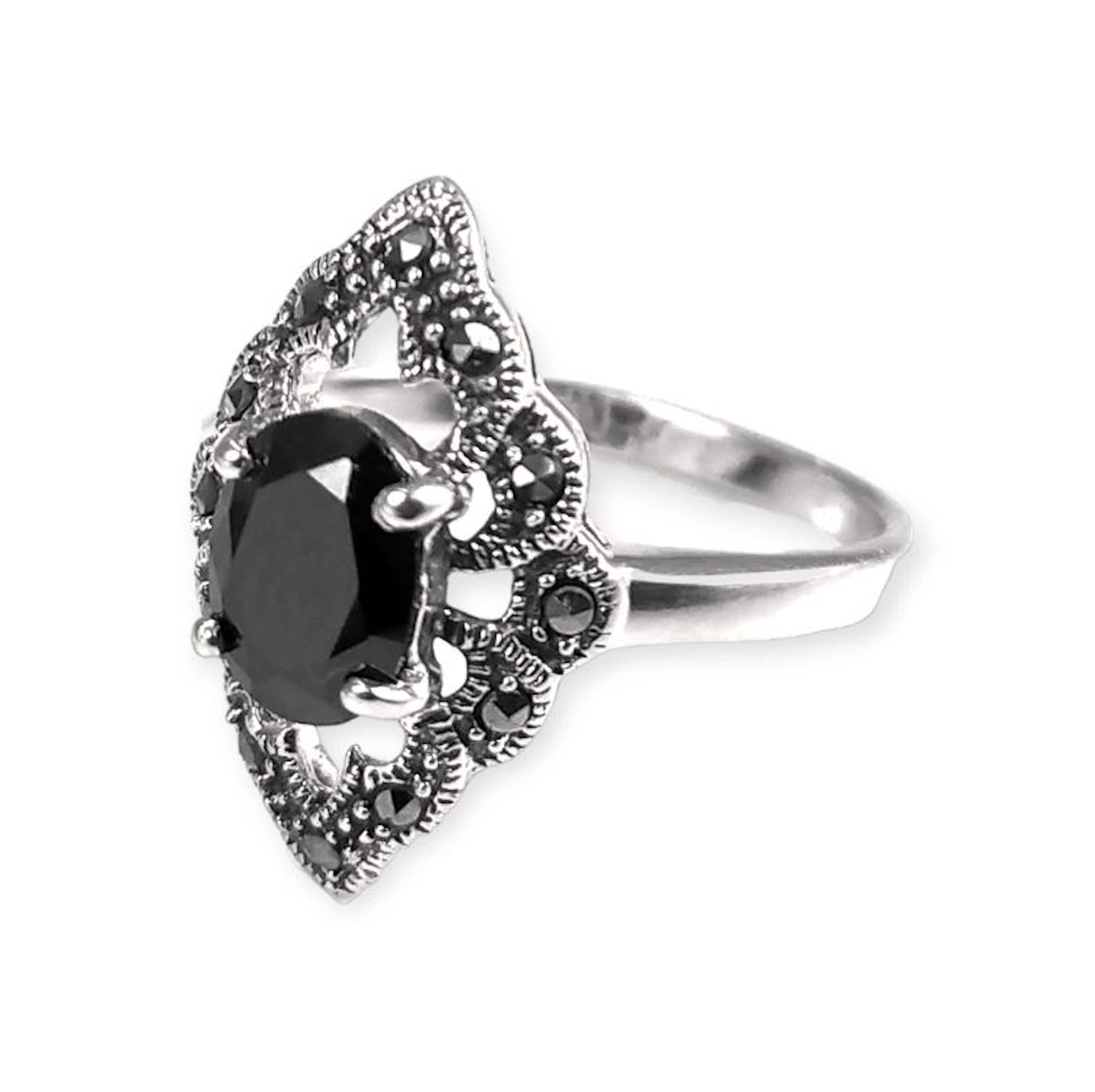 Black Marcasite Ring, Sterling Silver, Vintage Marquise Ring, Lab Black Diamond Simulant (Cz), Retro Stone Jewelry, Antique Women's Gifts