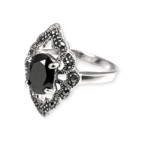 Black Marcasite Ring, Sterling Silver, Vintage Marquise Ring, Lab Black Diamond Simulant (Cz), Retro Stone Jewelry, Antique Women's Gifts