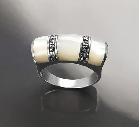 Art Deco Ring, Sterling Silver, White Mother of Pearl Shell, Marcasite Stones Jewelry, Hipster Ring, Vintage Style Ring
