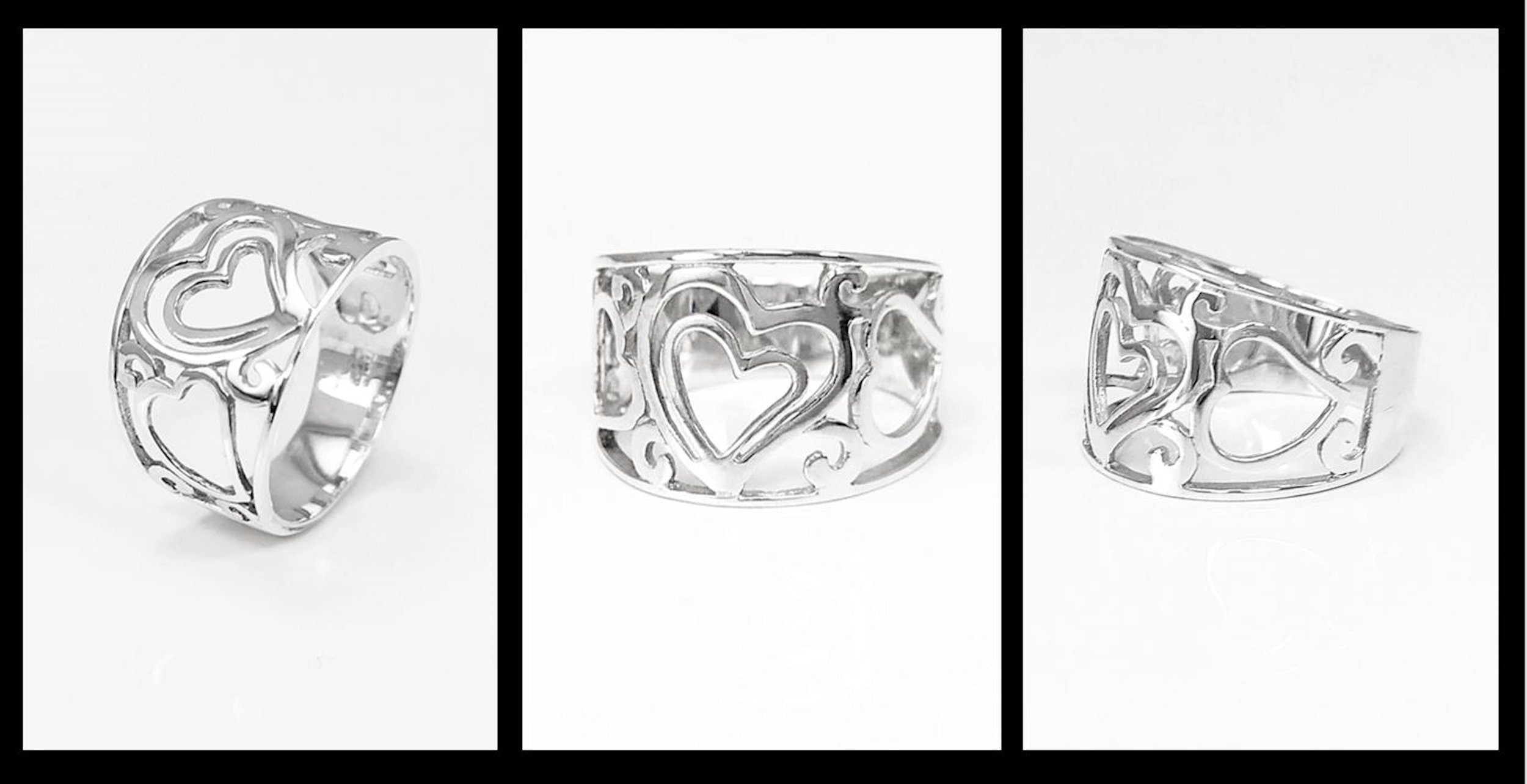 HEART Filigree Band Ring, Sterling Silver, Large Ring, Wide Openwork Ring, Delicate HEART Ring, Ring Like a Tattoo on the Finger.
