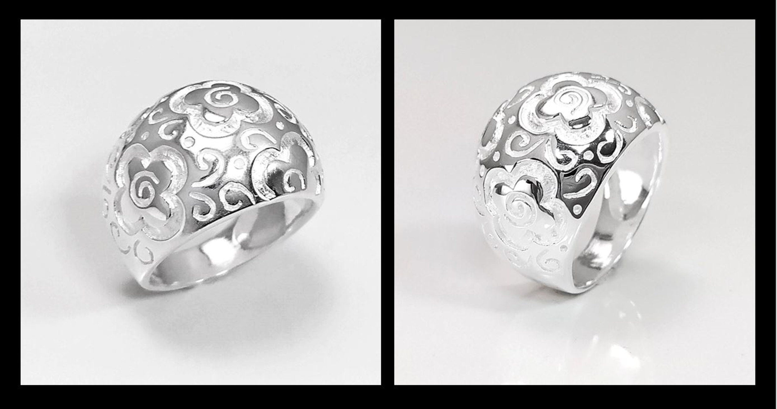 70's Flower Ring - Sterling Silver, engraved floral nature Flowers Pattern - Hipster Boho Flower Power Wide Domed Band Ring
