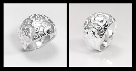 70's Flower Ring - Sterling Silver, engraved floral nature Flowers Pattern - Hipster Boho Flower Power Wide Domed Band Ring