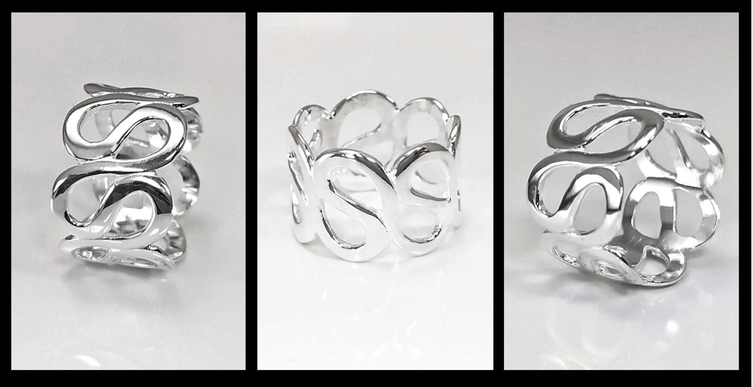 Meander Cuff Ring, Sterling Silver, Large Wave Ring, Armor Band Ring, Open Twist Ring, Greek Curved Graphic Design Jewelry