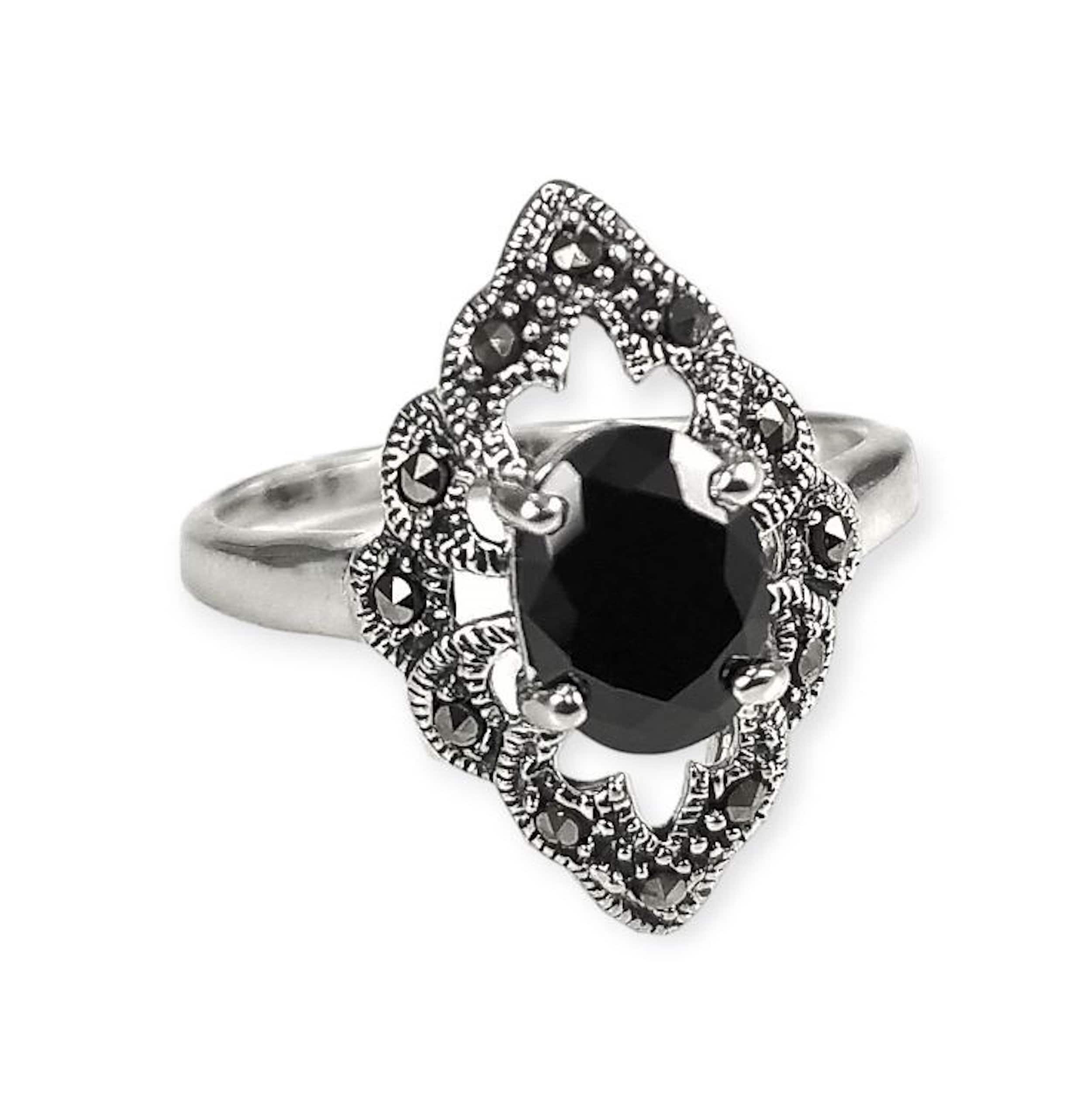 Black Marcasite Ring, Sterling Silver, Vintage Marquise Ring, Lab Black Diamond Simulant (Cz), Retro Stone Jewelry, Antique Women's Gifts