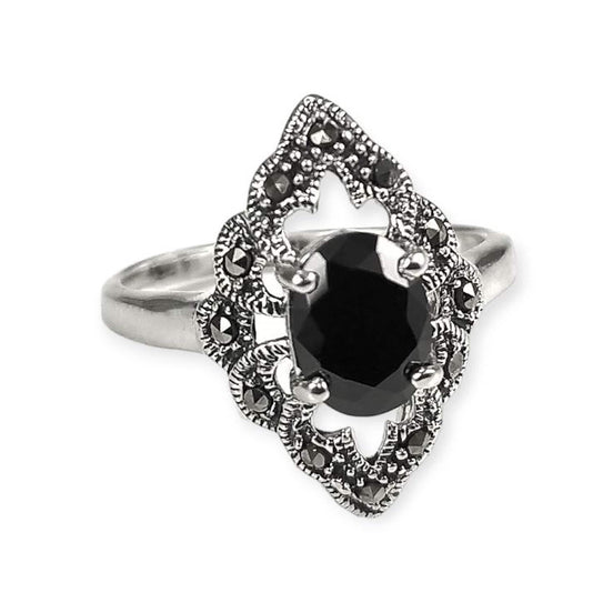 Black Marcasite Ring, Sterling Silver, Vintage Marquise Ring, Lab Black Diamond Simulant (Cz), Retro Stone Jewelry, Antique Women's Gifts