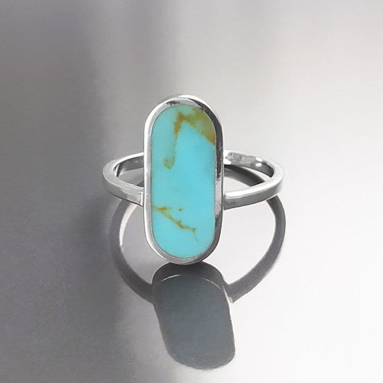 Turquoise Ring, Sterling Silver, Oval Blue Turquoise Stone, Flat Stone Ring, Minimalist Everyday Style Jewelry, Modern Gift