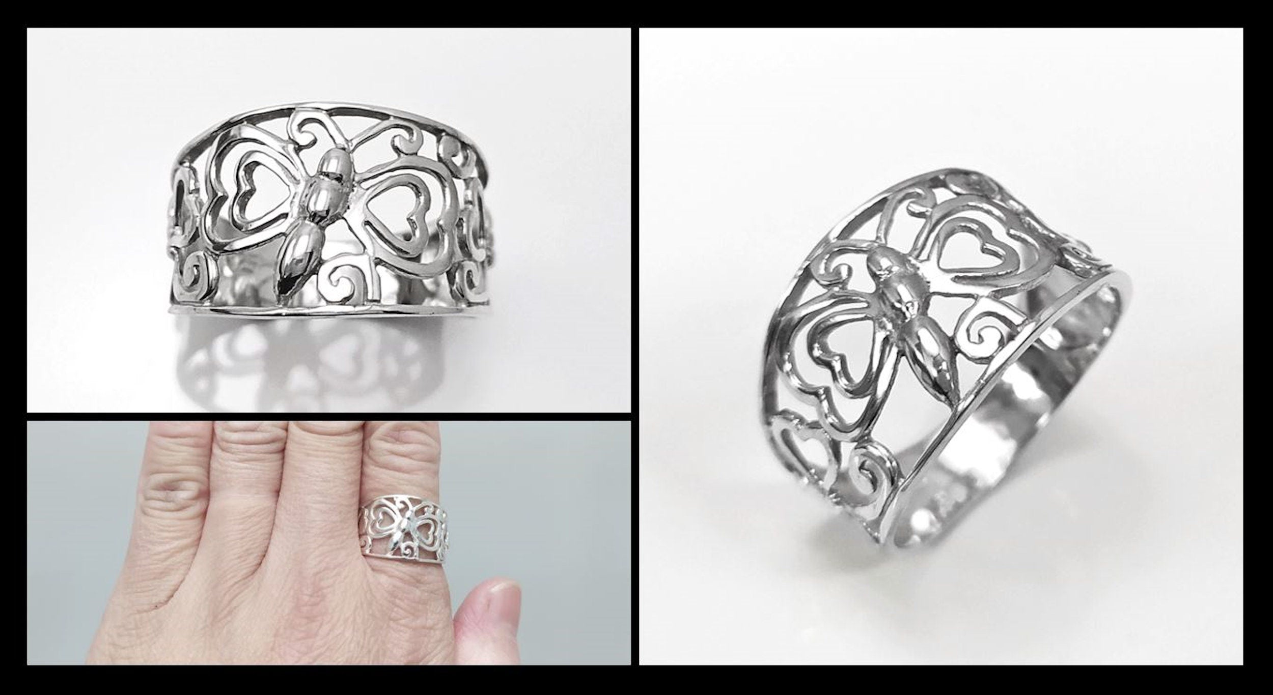 Sterling Silver Butterfly Filigree Ring, Nature Inspired Openwork Band Jewelry