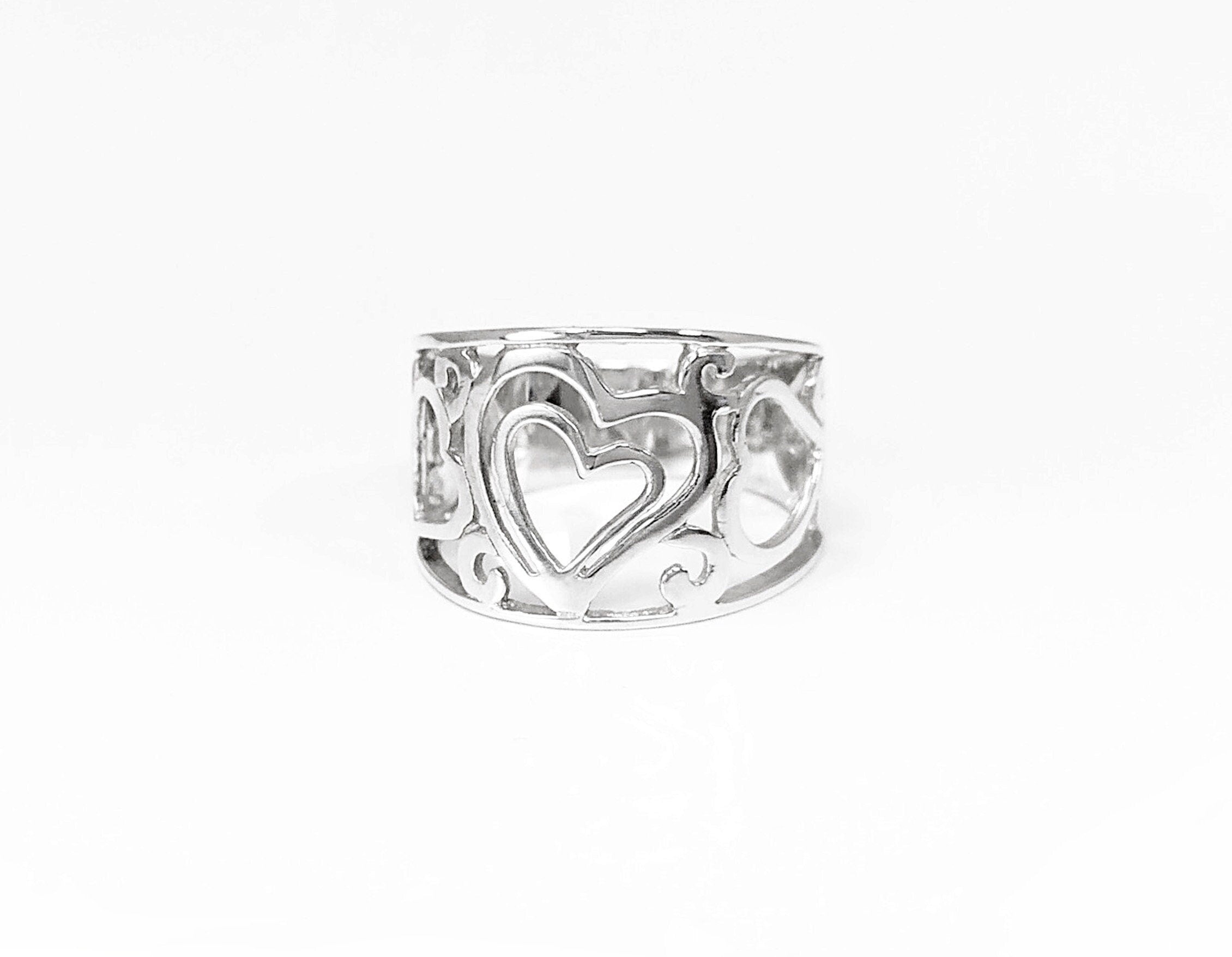 HEART Filigree Band Ring, Sterling Silver, Large Ring, Wide Openwork Ring, Delicate HEART Ring, Ring Like a Tattoo on the Finger.