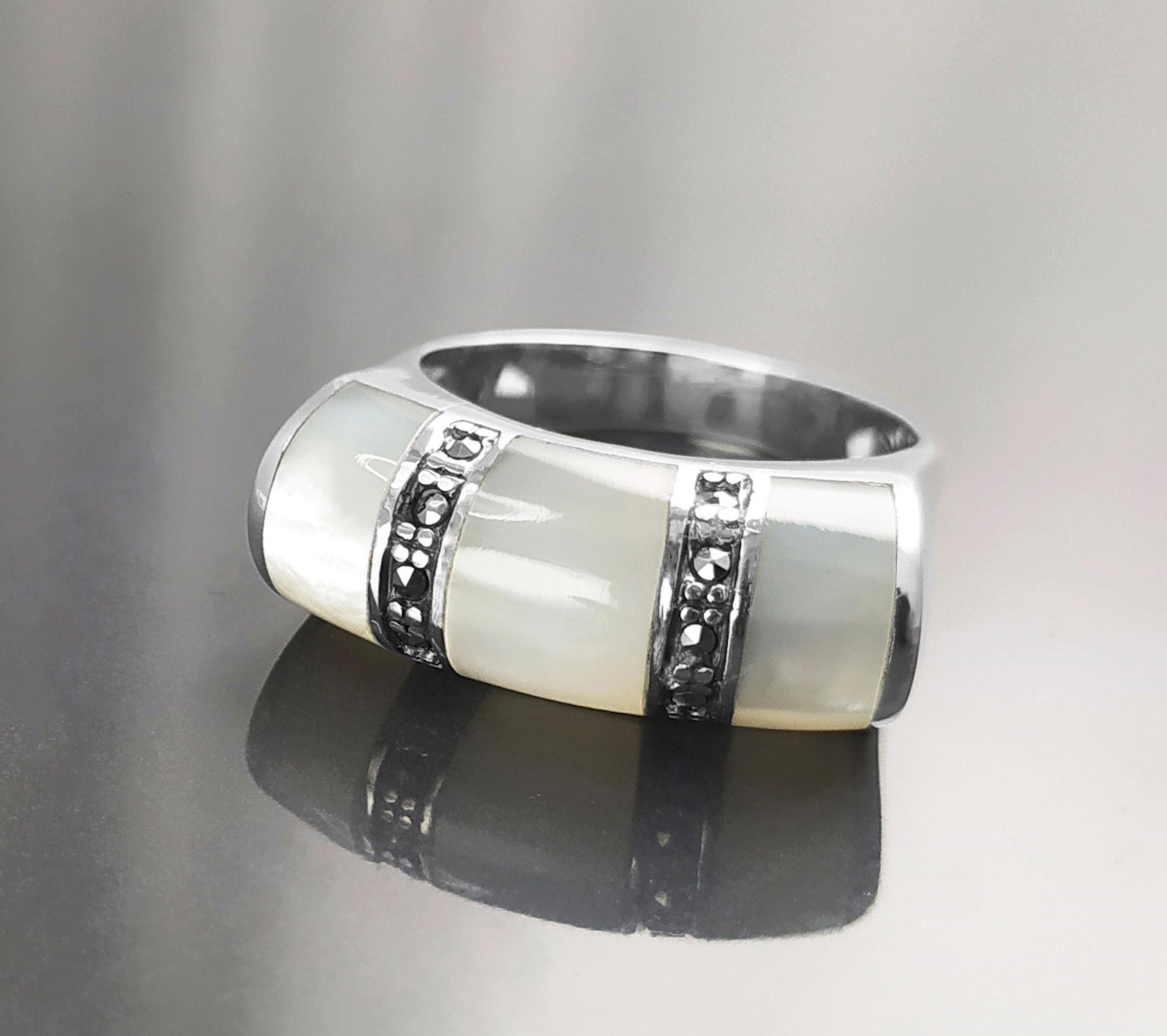 Art Deco Ring, Sterling Silver, White Mother of Pearl Shell, Marcasite Stones Jewelry, Hipster Ring, Vintage Style Ring