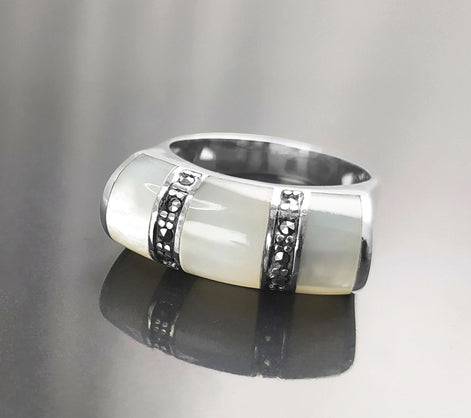 Art Deco Ring, Sterling Silver, White Mother of Pearl Shell, Marcasite Stones Jewelry, Hipster Ring, Vintage Style Ring