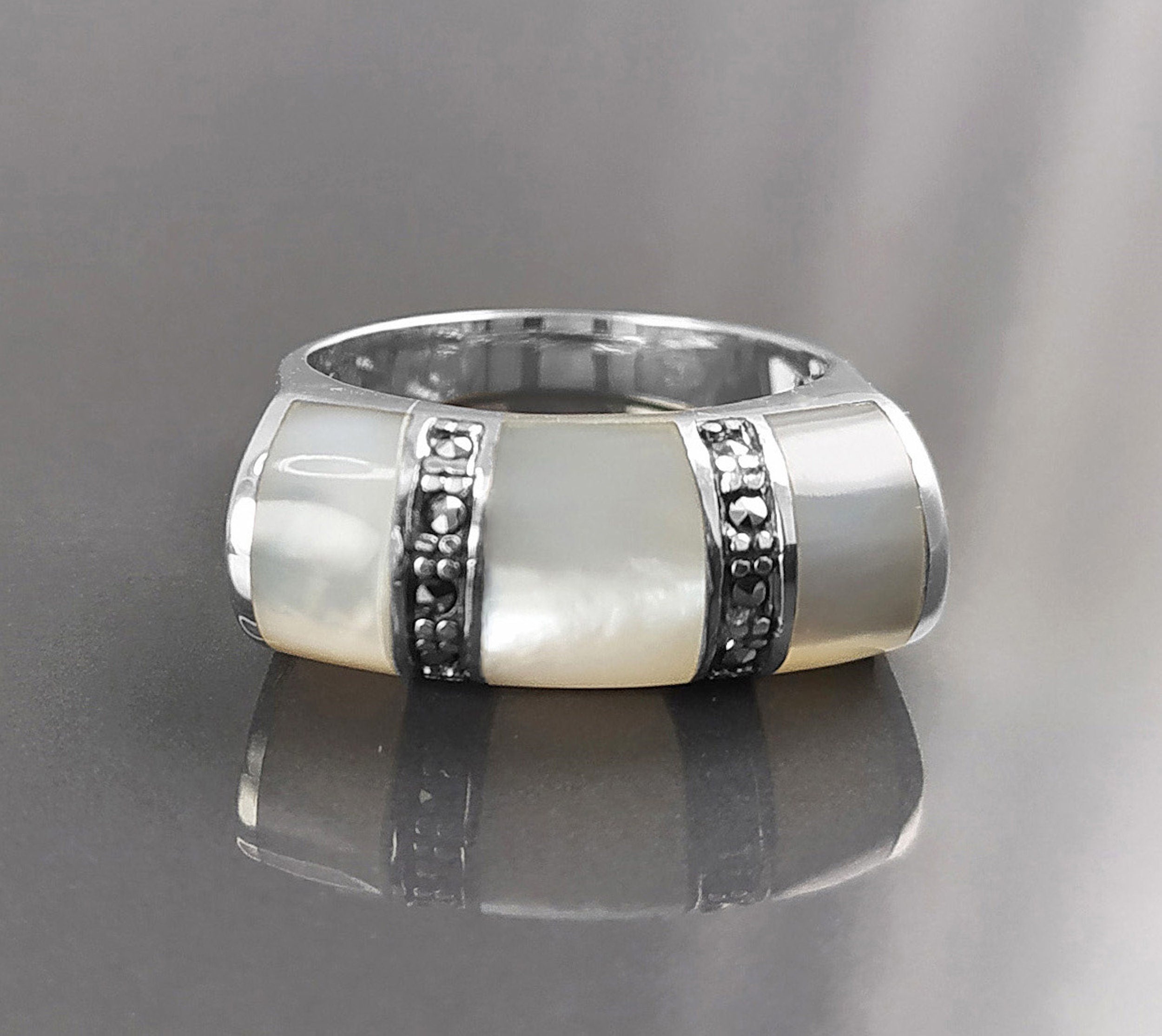 Art Deco Ring, Sterling Silver, White Mother of Pearl Shell, Marcasite Stones Jewelry, Hipster Ring, Vintage Style Ring