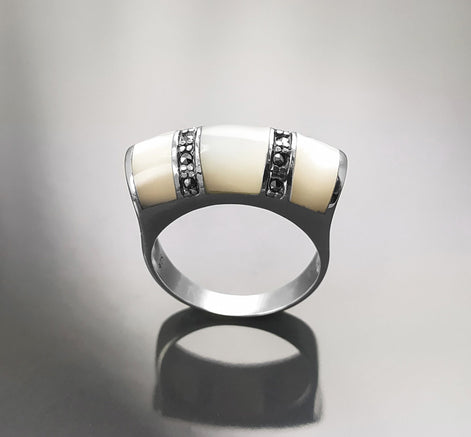 Art Deco Ring, Sterling Silver, White Mother of Pearl Shell, Marcasite Stones Jewelry, Hipster Ring, Vintage Style Ring