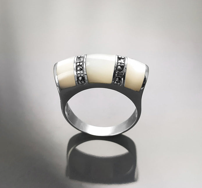 Art Deco Ring, Sterling Silver, White Mother of Pearl Shell, Marcasite Stones Jewelry, Hipster Ring, Vintage Style Ring