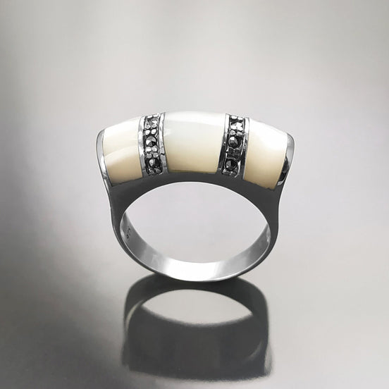 Art Deco Ring, Sterling Silver, White Mother of Pearl Shell, Marcasite Stones Jewelry, Hipster Ring, Vintage Style Ring