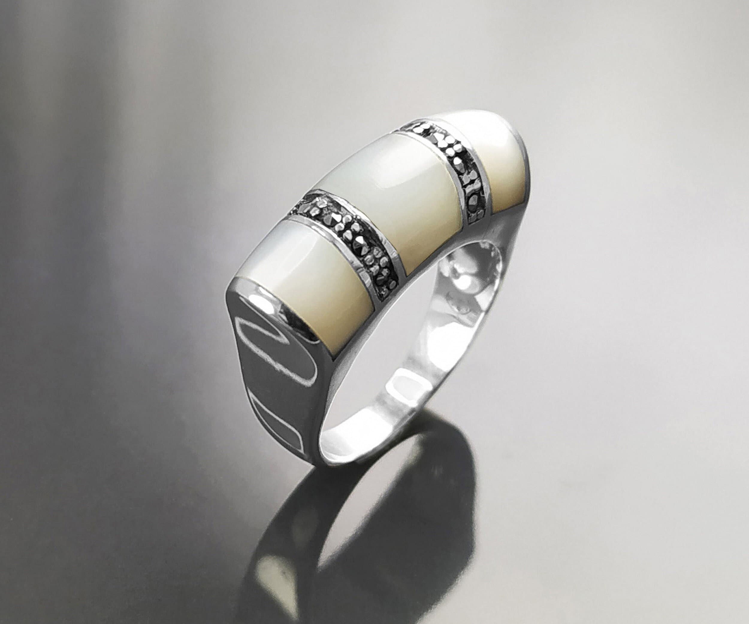 Art Deco Ring, Sterling Silver, White Mother of Pearl Shell, Marcasite Stones Jewelry, Hipster Ring, Vintage Style Ring