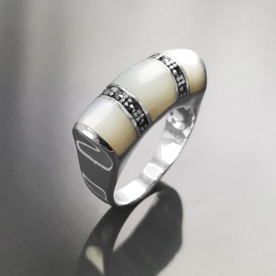 Art Deco Ring, Sterling Silver, White Mother of Pearl Shell, Marcasite Stones Jewelry, Hipster Ring, Vintage Style Ring