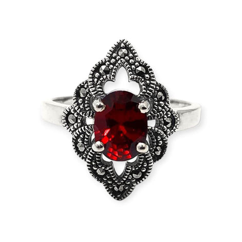 Garnet Marcasite Ring, Sterling Silver, Vintage Marquise Ring, Lab Red Garnet Simulant, Retro Red Stone Rings, Women's Gifts