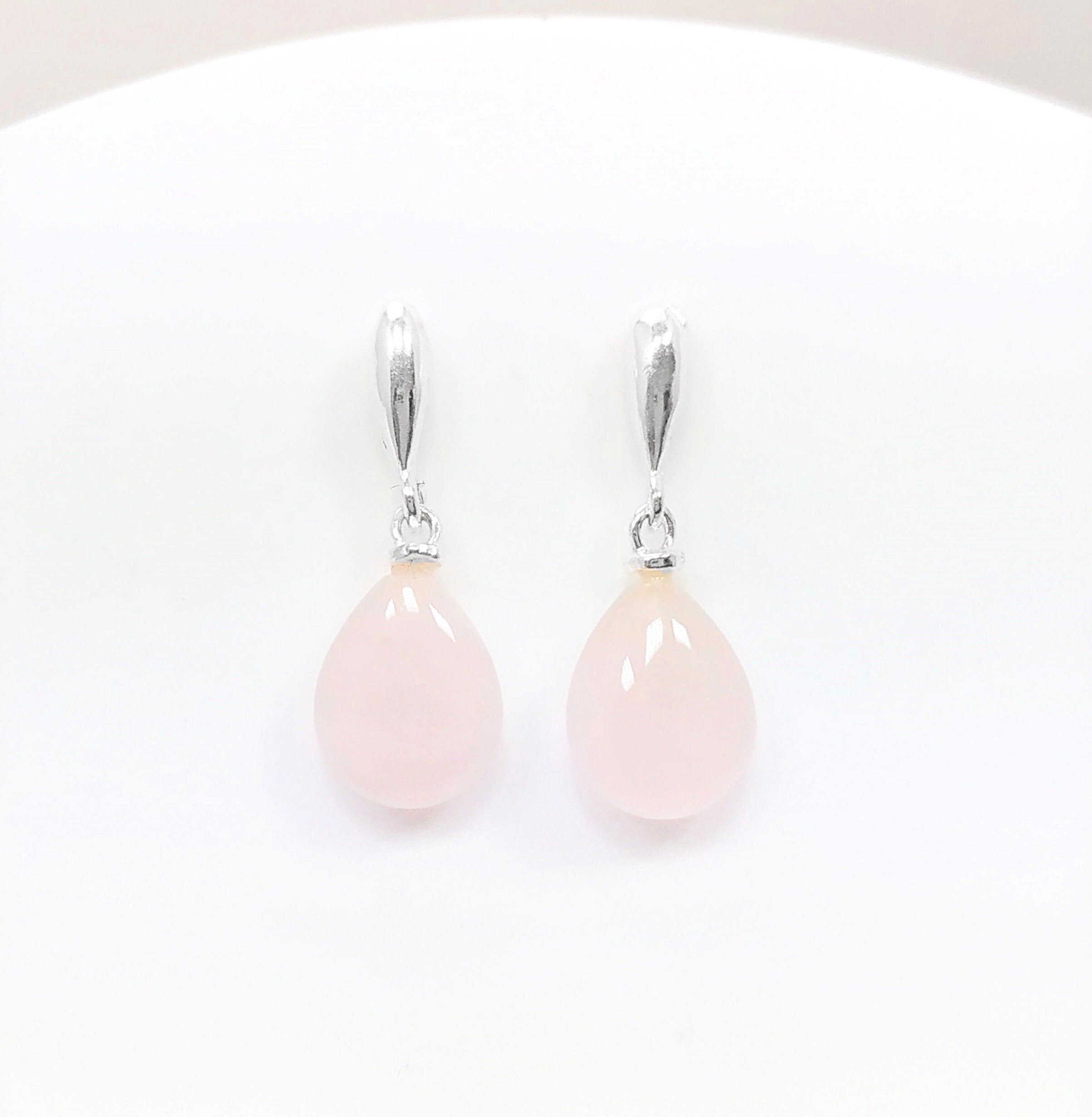 Rose Quartz Earrings Sterling Silver 925, Pink Quartz Oval Stone Earrings, Dangle Stud Earrings, Small Teardrop.