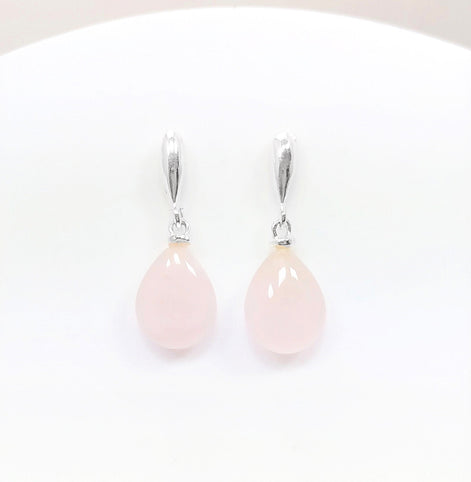 Rose Quartz Earrings Sterling Silver 925, Pink Quartz Oval Stone Earrings, Dangle Stud Earrings, Small Teardrop.