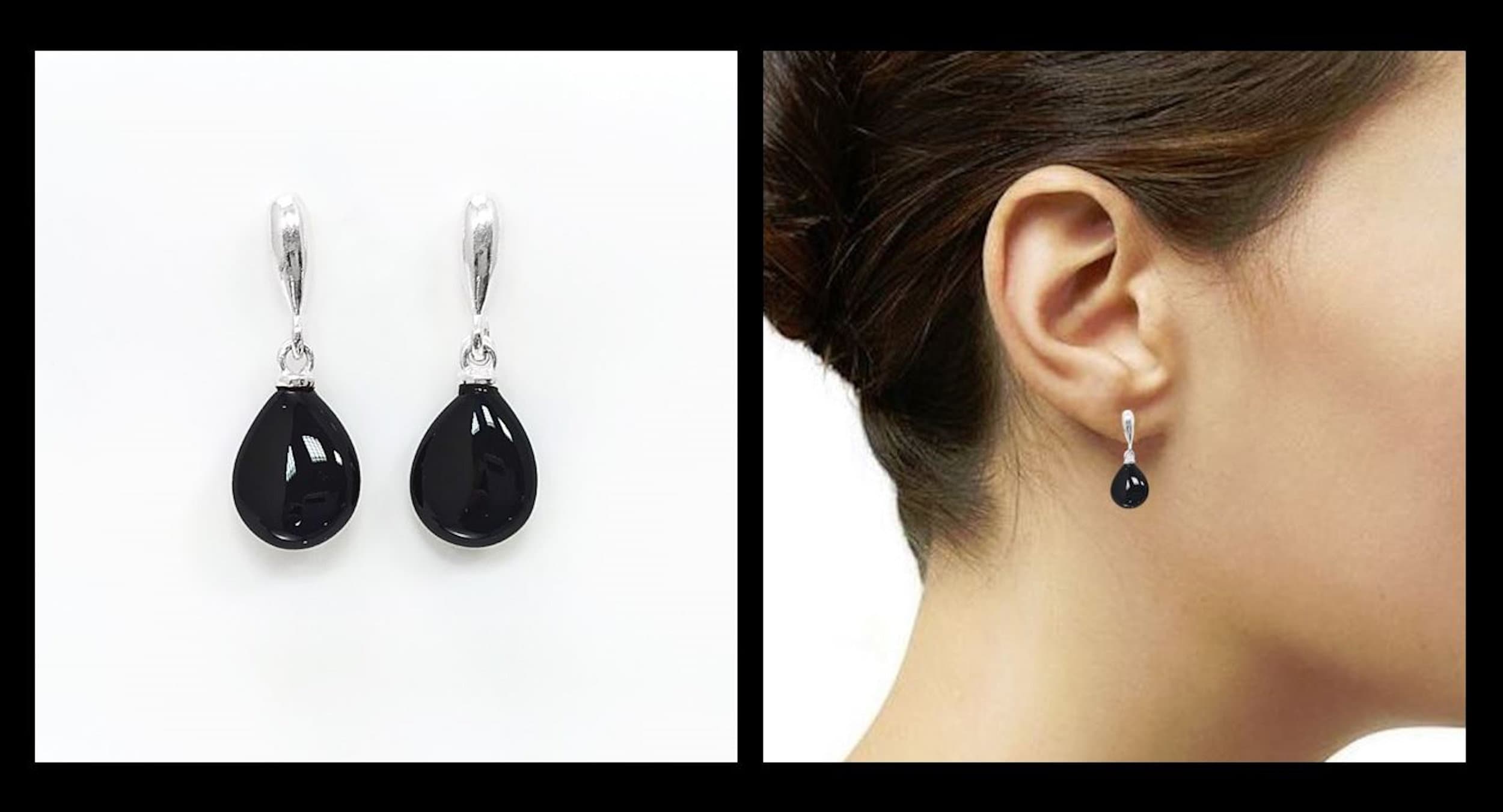ONYX Stone 925 Earrings Sterling Silver, Black Gemstone Silver Earrings, Dangly Sterling Silver Earrings, Small Teardrop Stone Earrings.
