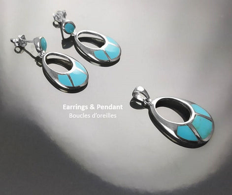 SET Turquoise Sterling Silver Earrings and Pendant Sterling Silver, Oval Almond Shape Blue Turquoise, Turquoise Stones, Dangle Earrings
