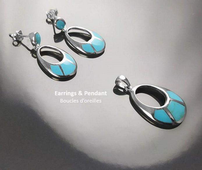 SET Turquoise Sterling Silver Earrings and Pendant Sterling Silver, Oval Almond Shape Blue Turquoise, Turquoise Stones, Dangle Earrings