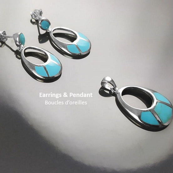 SET Turquoise Sterling Silver Earrings and Pendant Sterling Silver, Oval Almond Shape Blue Turquoise, Turquoise Stones, Dangle Earrings