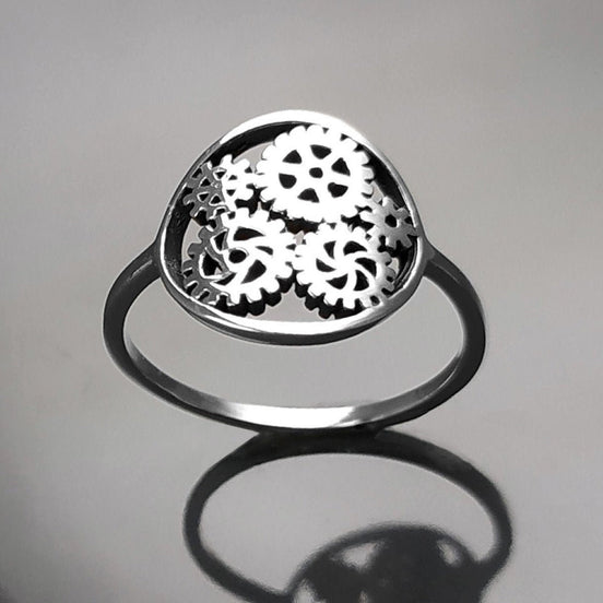 Engrenages ring, sterling silver, gear ring, engineering jewelry, clock mechanical jewelry, transmission ring, Steampunk Geometry Round Ring