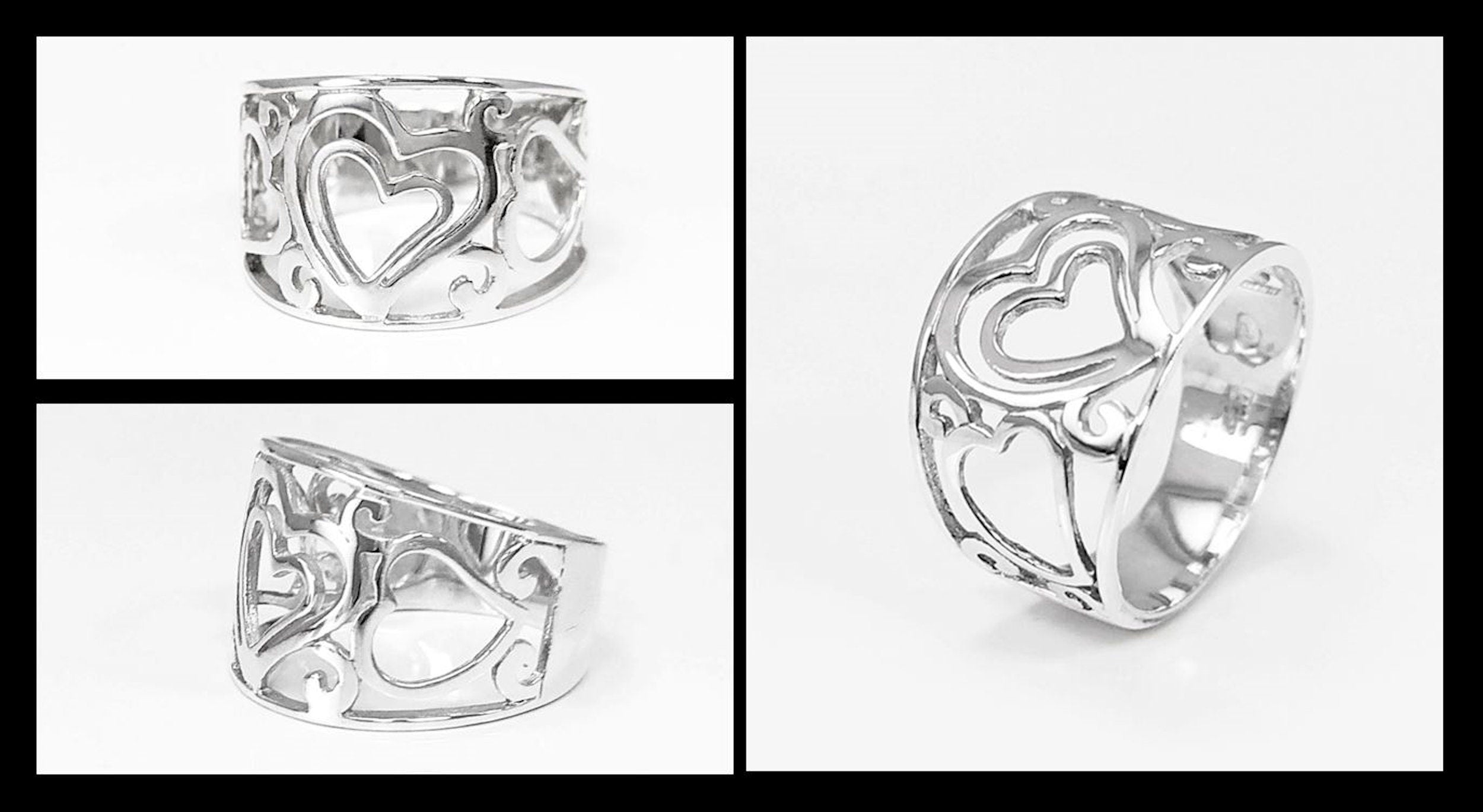 HEART Filigree Band Ring, Sterling Silver, Large Ring, Wide Openwork Ring, Delicate HEART Ring, Ring Like a Tattoo on the Finger.