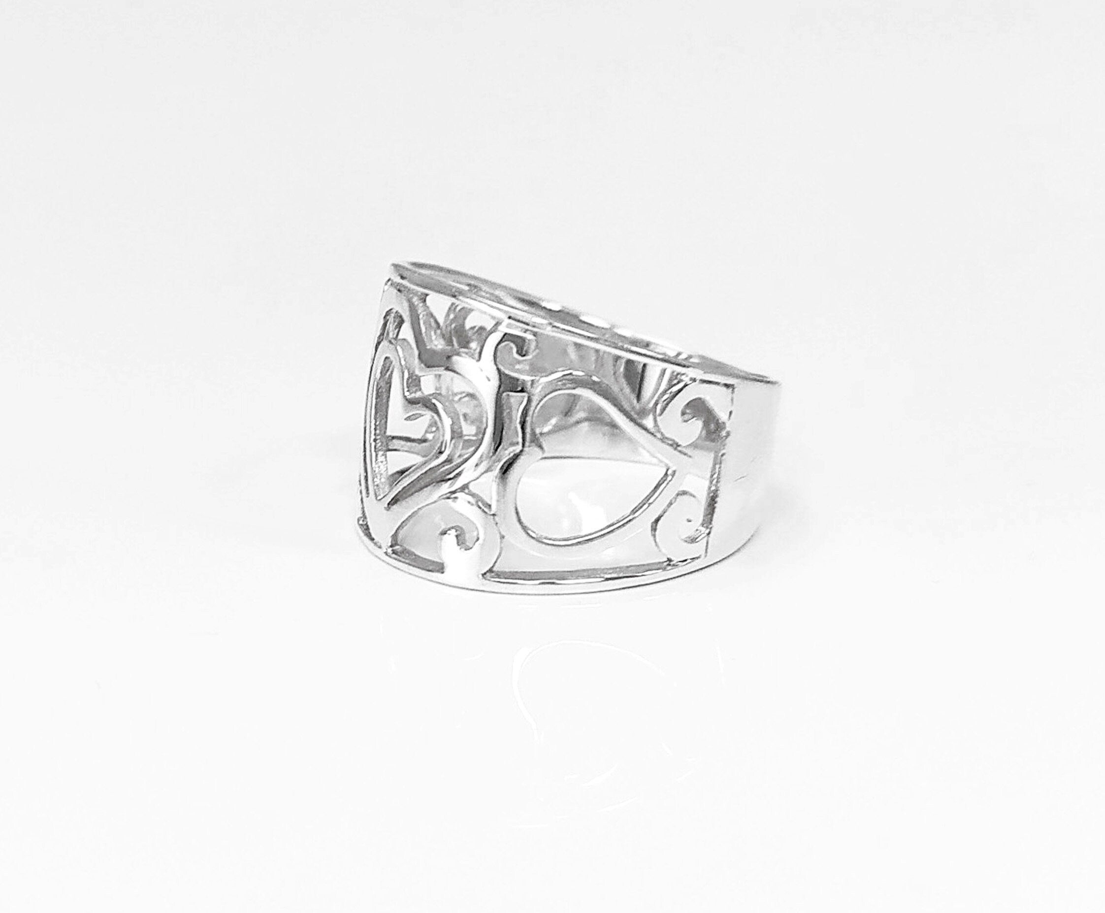 HEART Filigree Band Ring, Sterling Silver, Large Ring, Wide Openwork Ring, Delicate HEART Ring, Ring Like a Tattoo on the Finger.