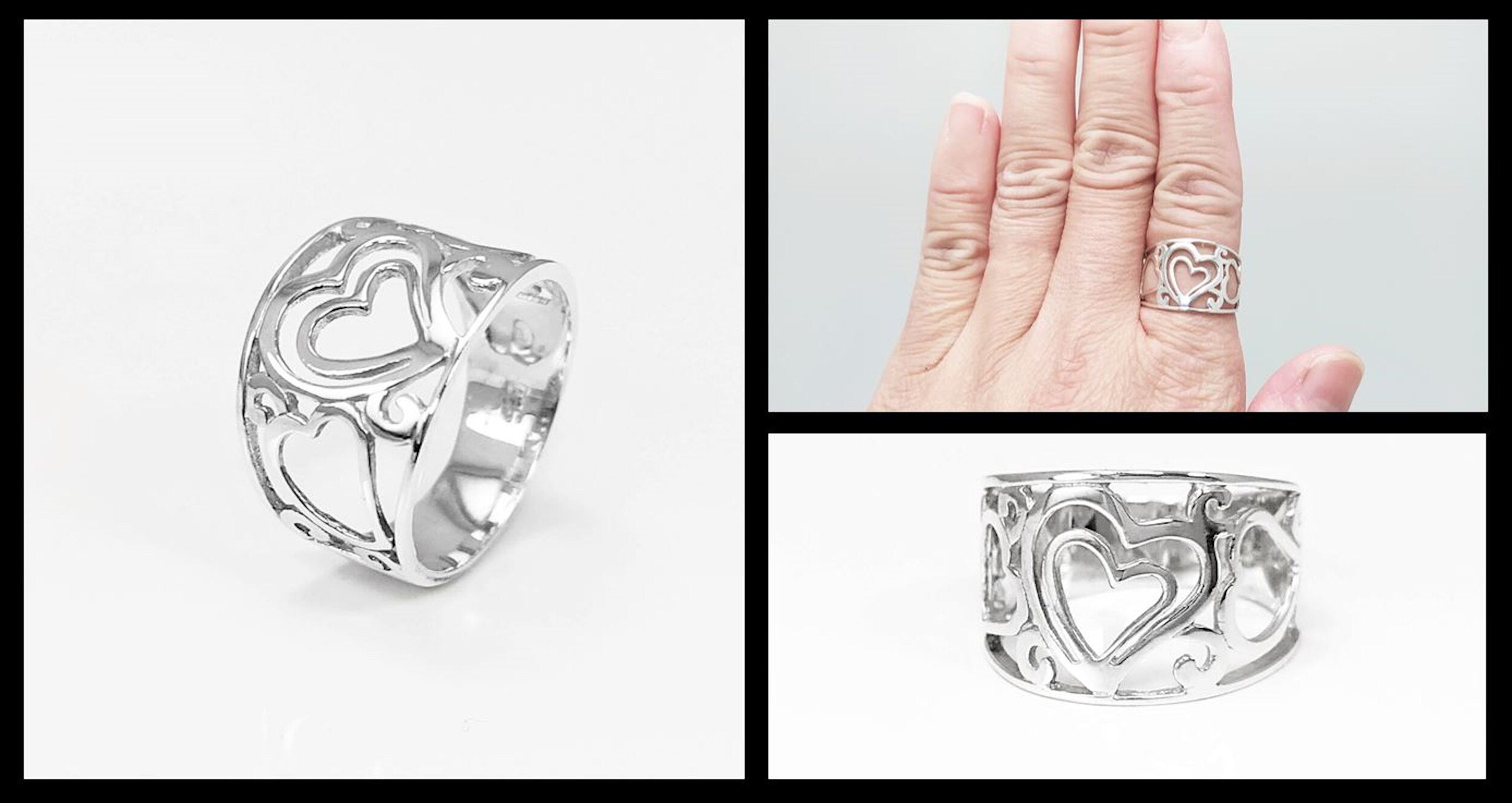 HEART Filigree Band Ring, Sterling Silver, Large Ring, Wide Openwork Ring, Delicate HEART Ring, Ring Like a Tattoo on the Finger.