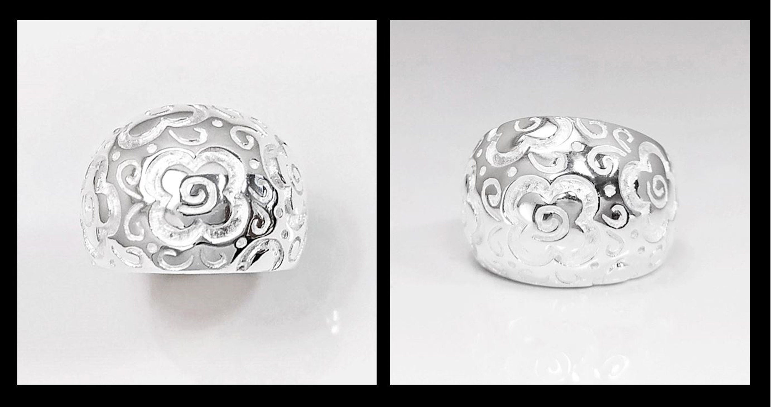 70's Flower Ring - Sterling Silver, engraved floral nature Flowers Pattern - Hipster Boho Flower Power Wide Domed Band Ring