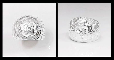 70's Flower Ring - Sterling Silver, engraved floral nature Flowers Pattern - Hipster Boho Flower Power Wide Domed Band Ring