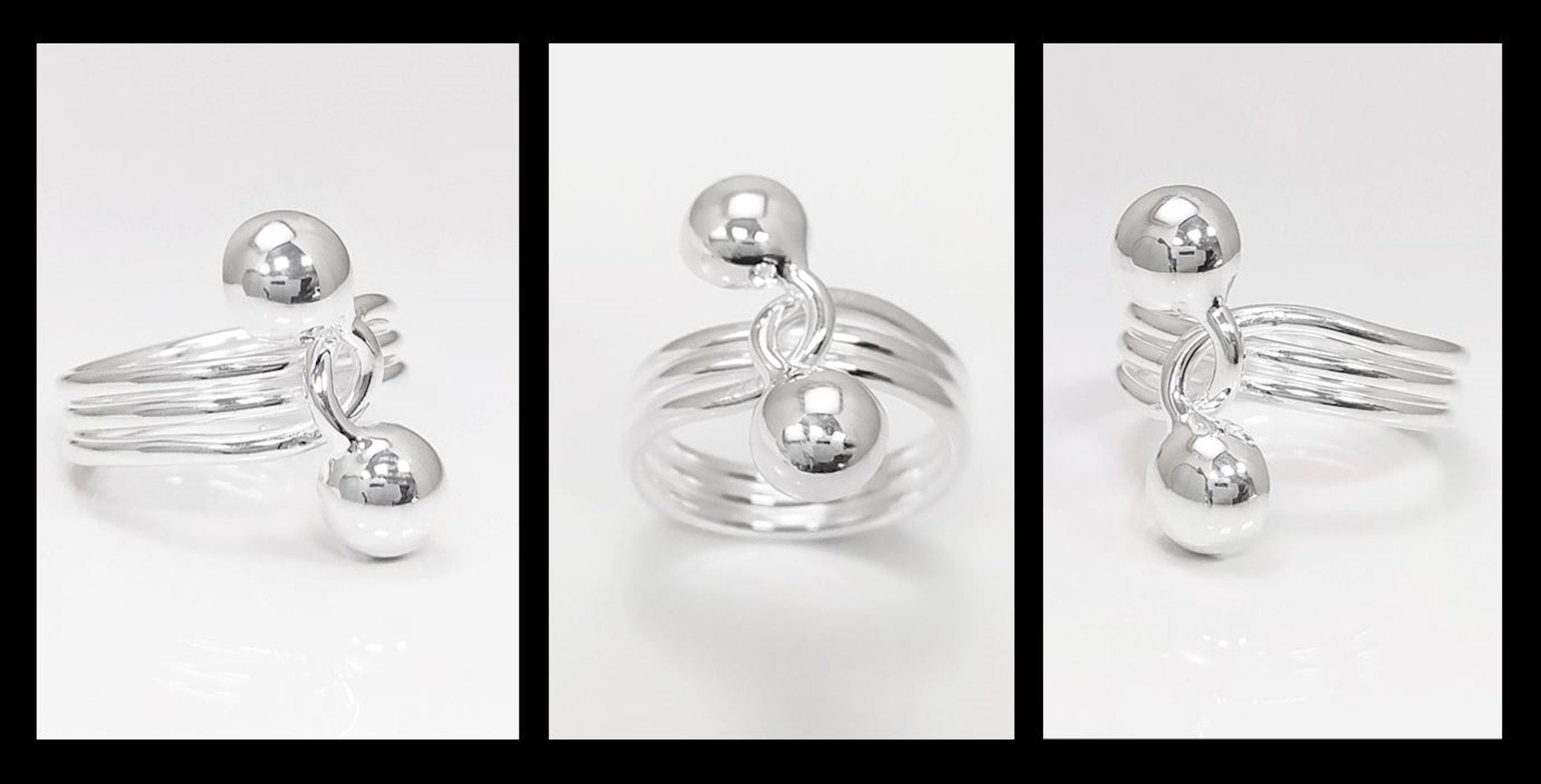 Ball Ring, Sterling Silver, Bypass Half Ring, Cross Balls Crossing Spiral Coiled Ring, Modern Minimalist Geometric Round Designed Jewelry