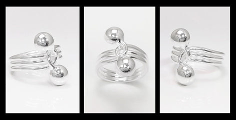 Ball Ring, Sterling Silver, Bypass Half Ring, Cross Balls Crossing Spiral Coiled Ring, Modern Minimalist Geometric Round Designed Jewelry