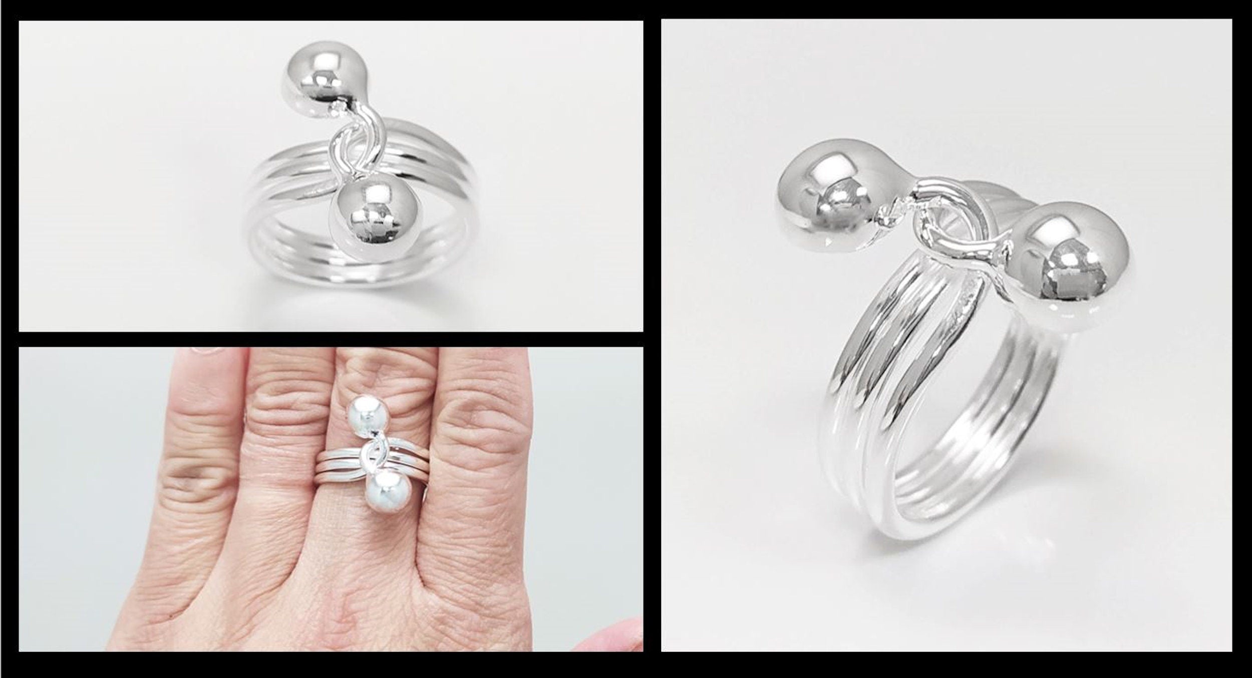 Ball Ring, Sterling Silver, Bypass Half Ring, Cross Balls Crossing Spiral Coiled Ring, Modern Minimalist Geometric Round Designed Jewelry
