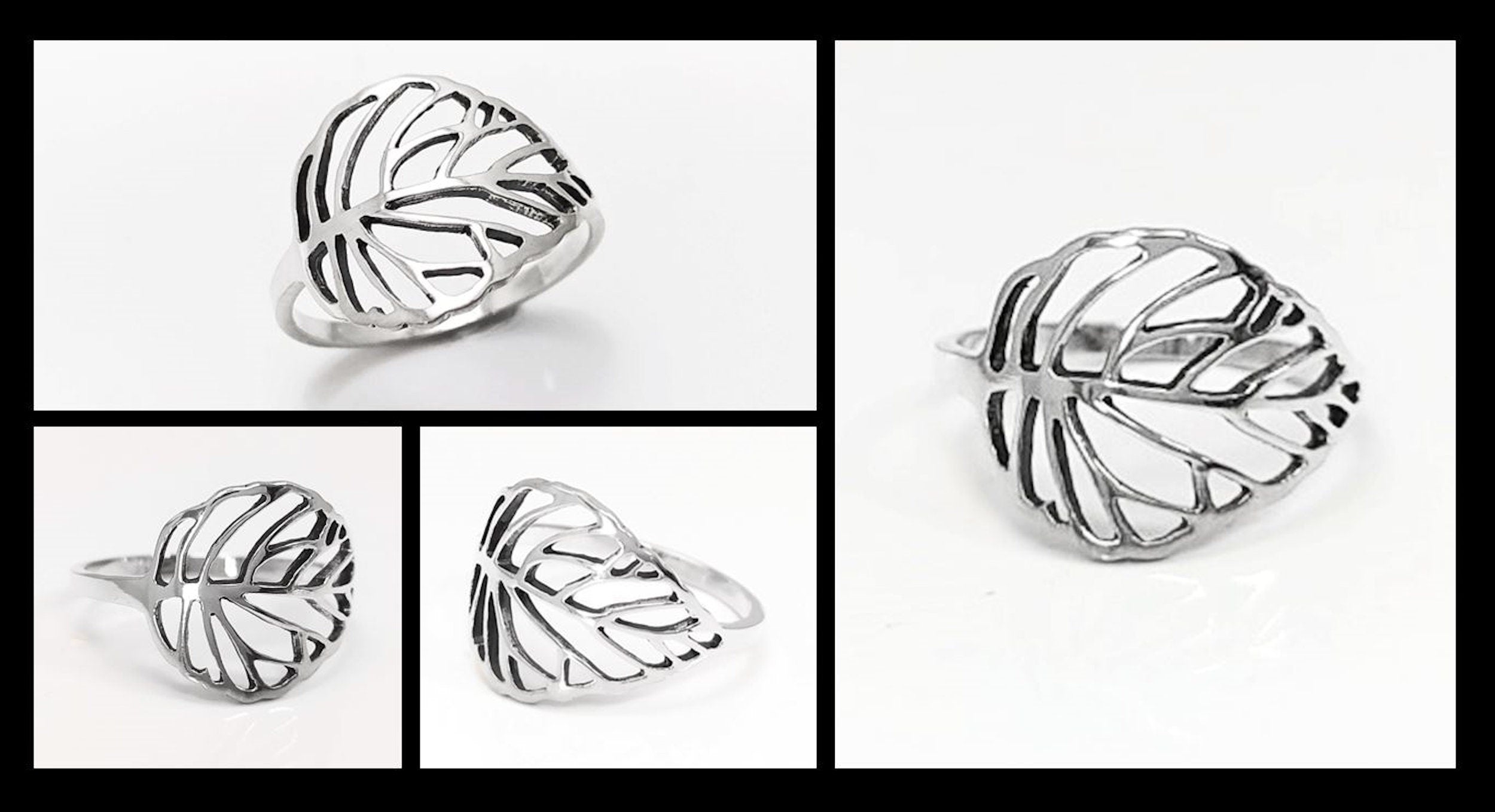 Leaf Ring, Sterling Silver, Rubber Ficus Plant Ring, Filigree Branch, Skeleton Leaf Veins Ring, Tropical, Nature, Greenery Jewelry