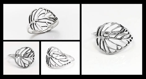 Leaf Ring, Sterling Silver, Rubber Ficus Plant Ring, Filigree Branch, Skeleton Leaf Veins Ring, Tropical, Nature, Greenery Jewelry
