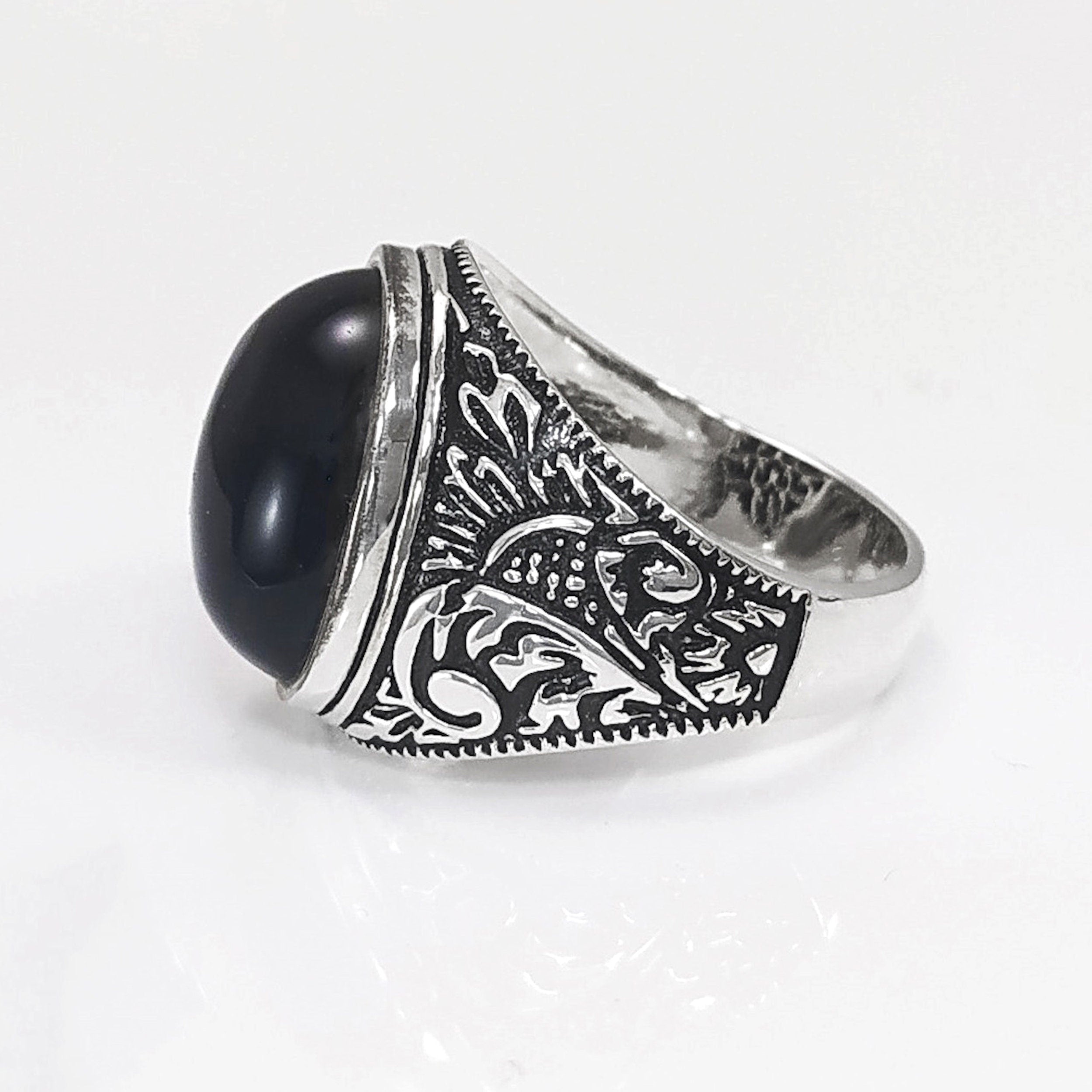 925 Hipster Tribal Ring Sterling Silver, Baroque Vintage Ring, Oval Stone Ring, Engraved Medieval Ring, Unisex Gothic Pirate jewelry