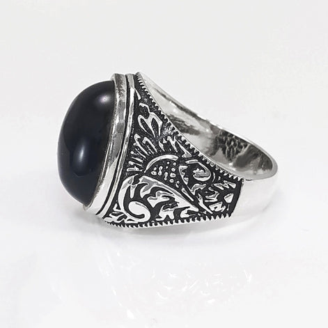 925 Hipster Tribal Ring Sterling Silver, Baroque Vintage Ring, Oval Stone Ring, Engraved Medieval Ring, Unisex Gothic Pirate jewelry
